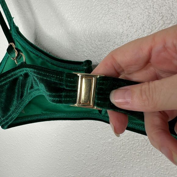 South Beach Forest Green Jade Velvet V-Cutout Bikini Top Gold Hardware 6 - Picture 8 of 13